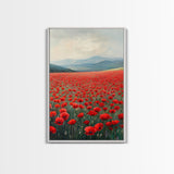 Scenic Poppy Field Framed Canvas Print, Rustic Landscape Painting, Bedroom Art, Farmhouse Wall Decor, Extra Wide Rustic Art