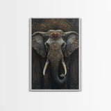 Ornate Elephant Kerala Mural Framed Canvas Print – Ganesh Wall Art, Sacred Geometry Art, Indian Inspired Decor Rustic Living Room Art