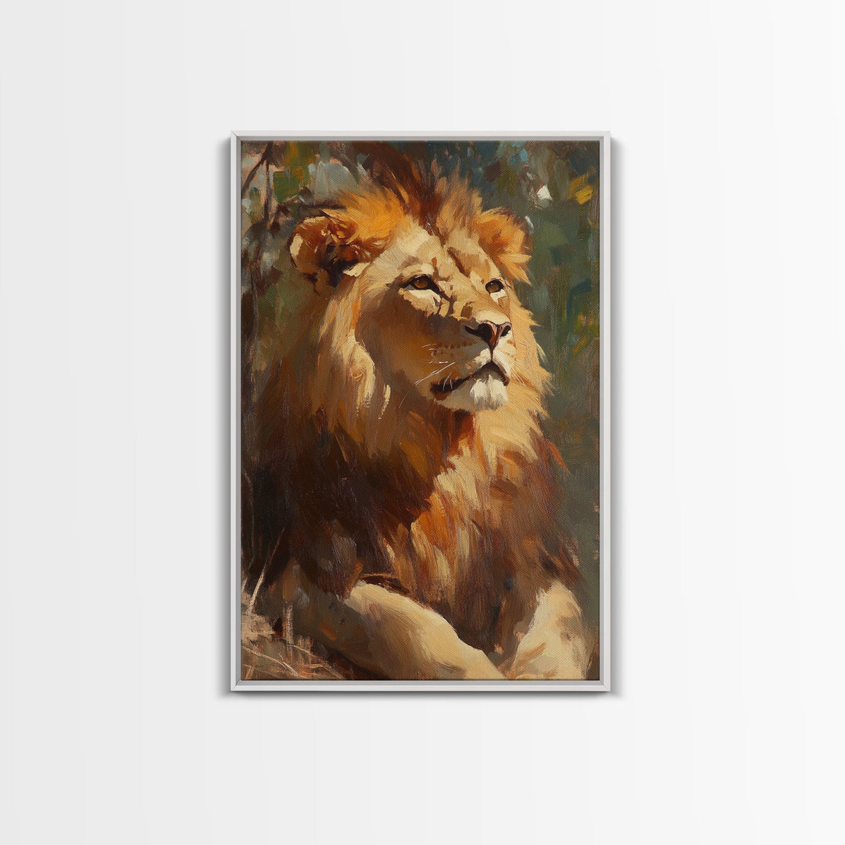 Regal Lion Oil Painting Framed Canvas Print – Rustic Decor Wall Art, African Lion Wildlife, Above Couch Art, Bold Statement Piece