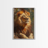 Regal Lion Oil Painting Framed Canvas Print – Rustic Decor Wall Art, African Lion Wildlife, Above Couch Art, Bold Statement Piece