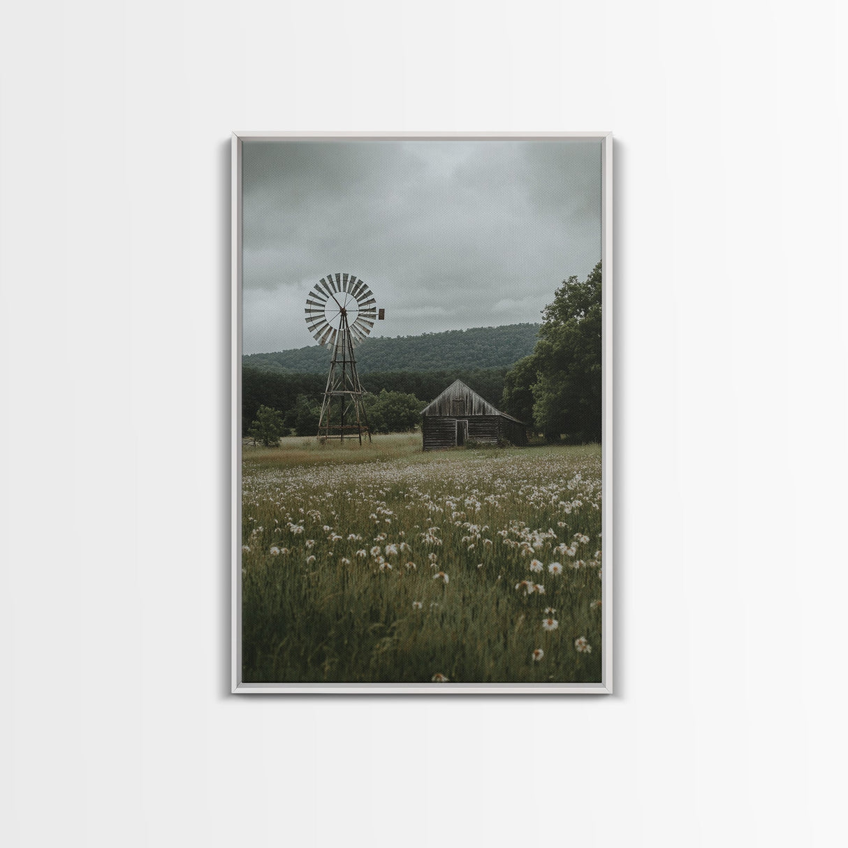 Framed Canvas Print Windmill Wall Art Rustic Barn Landscape Farmhouse Decor Above Couch Country Artwork Gift Idea Living Room Art
