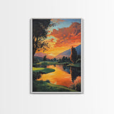 Golden Sunset Golf Framed Canvas Print, Landscape Wall Art, Rustic Horizontal Decor, Living Room Painting, Gift Idea for Him