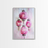 Pink Lanterns Framed Canvas Print, Chinoiserie Wall Art, Cozy Living Room Decor, Boho Aesthetic, Vertical Oriental Light Pink Wall Art