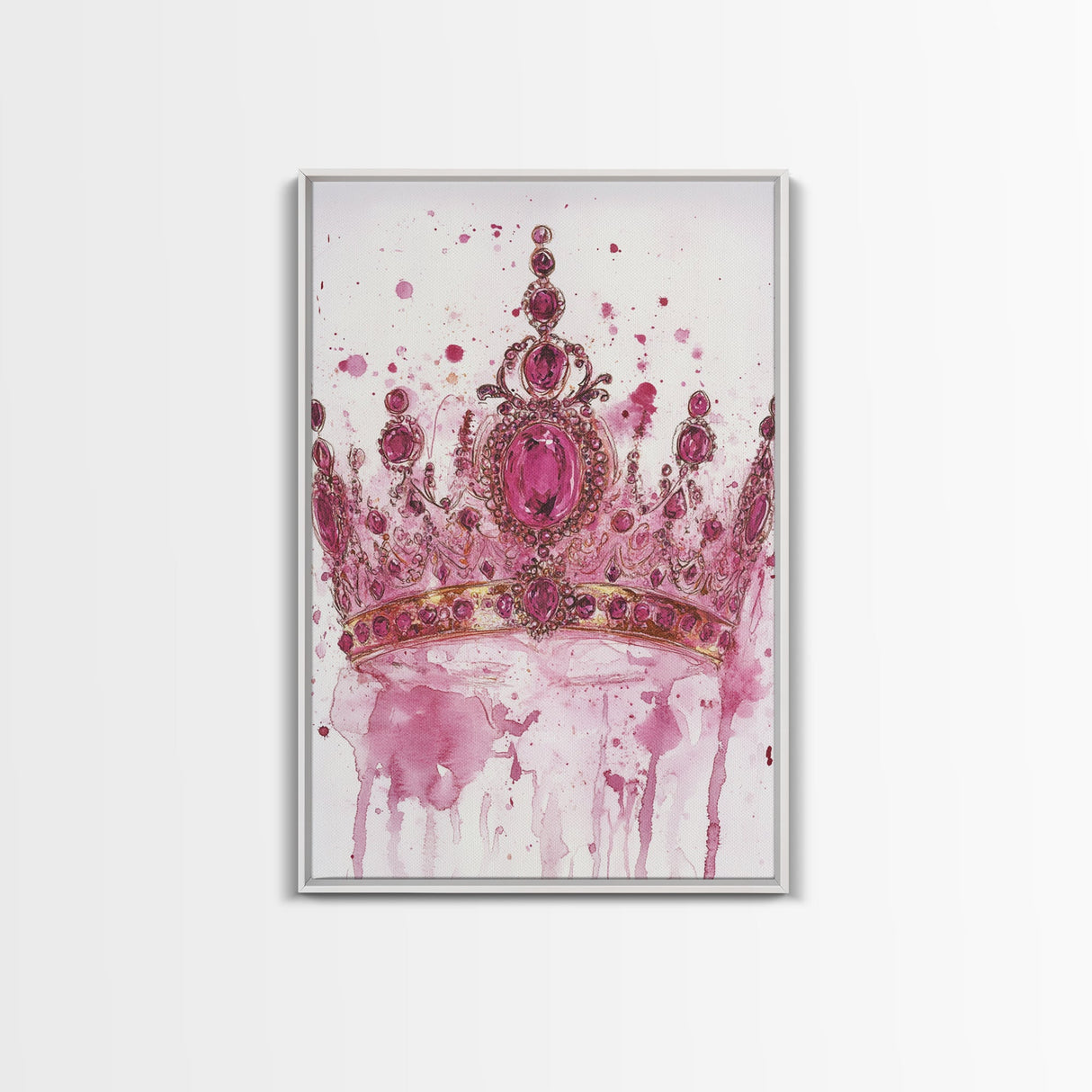 Regal jeweled crown painting featuring framed canvas print, moody art, pink wall art for dorm, unique goddess art print decor