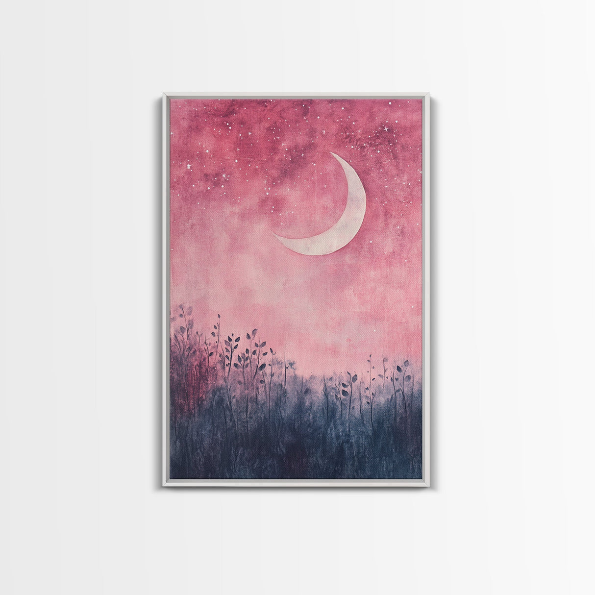 Crescent moon painting on framed canvas print, moody art, pink abstract art, cherry blossom painting, vertical wall art decor