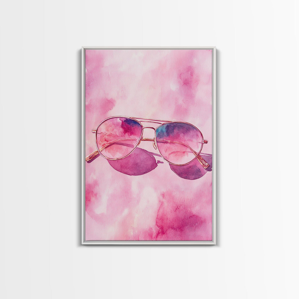 Stylish pink sunglasses painting featuring framed canvas print, pink wall art, boho art, above sofa art, modern living room decor