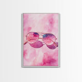 Stylish pink sunglasses painting featuring framed canvas print, pink wall art, boho art, above sofa art, modern living room decor
