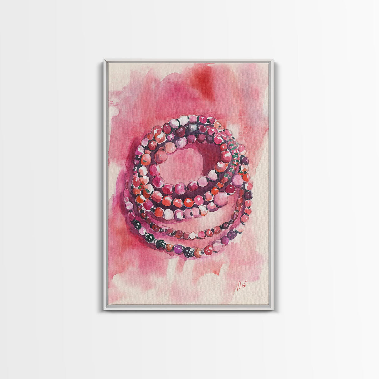 Vibrant gemstone bracelet painting with framed canvas print, gemstone painting, pink abstract art, moody art, living room decor