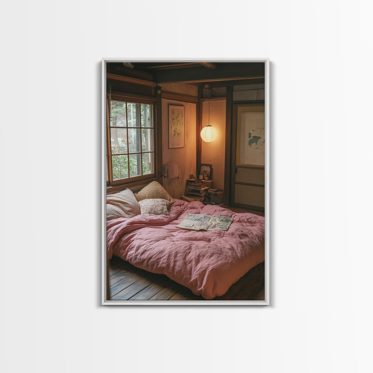 Minimalist Japanese Bedroom Art Canvas Print Wabi Sabi Home Decor Pink Cozy Wall Art Framed Living Room Art Piece Modern Gift