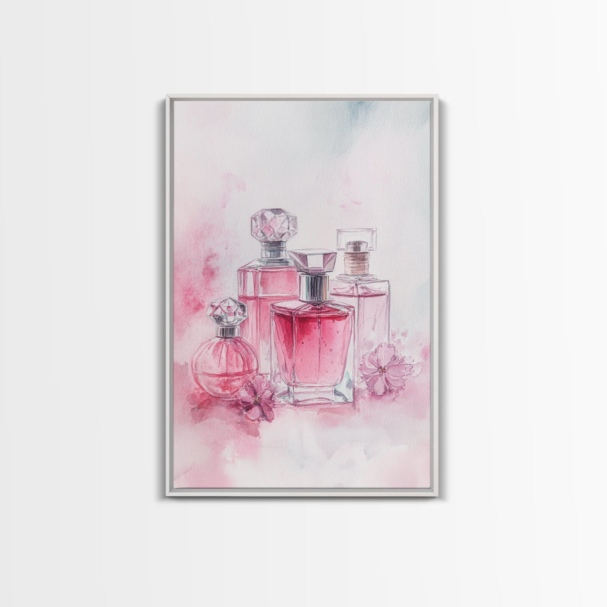 Elegant Pink Perfume Bottles Framed Canvas Print, Feminine Bathroom Art Light Pink Decor, Whimsical Gift Idea for Her Room