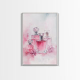 Elegant Pink Perfume Bottles Framed Canvas Print, Feminine Bathroom Art Light Pink Decor, Whimsical Gift Idea for Her Room