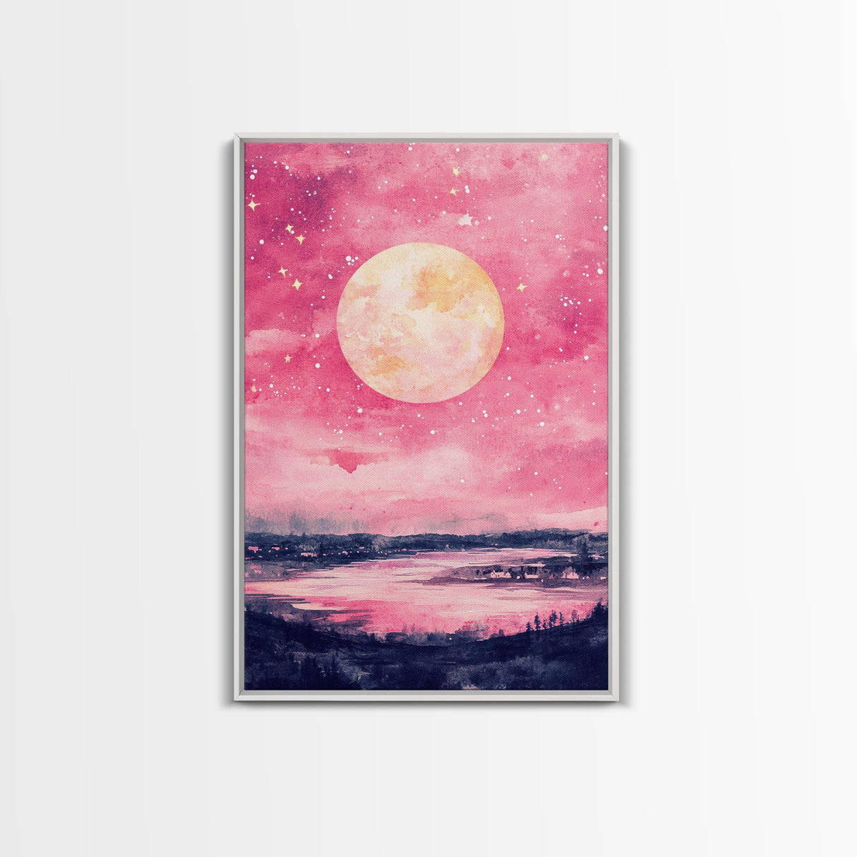 Moonlit Sky over Lake Framed Canvas Print, Pink Night Landscape Painting Coastal Wall Art, Minimalist Bedroom or Guest Room Decor