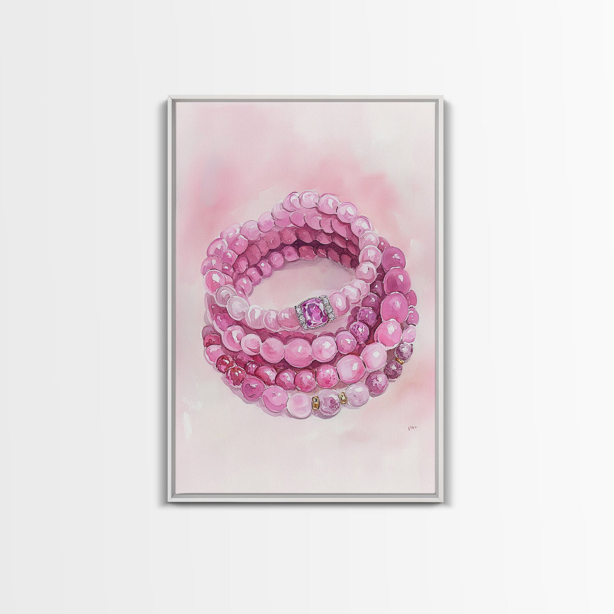 Pink Gemstone Bracelet Painting Framed Canvas Print, Whimsical Jewelry Art Light Pink Decor, Feminine Bedroom or Gift Aesthetic
