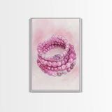 Pink Gemstone Bracelet Painting Framed Canvas Print, Whimsical Jewelry Art Light Pink Decor, Feminine Bedroom or Gift Aesthetic
