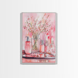 Pink wildflower botanical prints with glass bottles framed canvas print for bedroom or guest room rustic decor gift idea her wall art