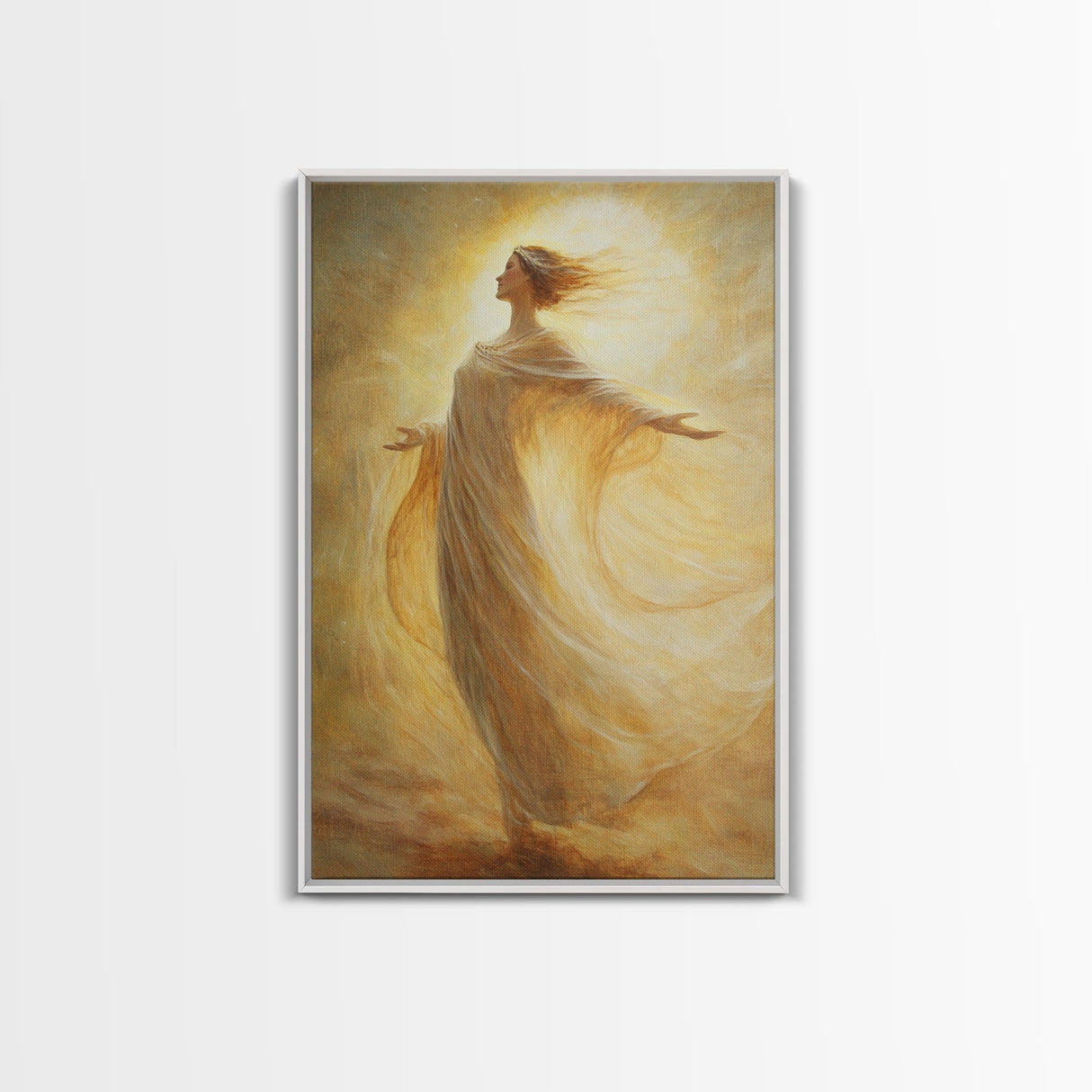 Radiant Golden Goddess Canvas Print, Stunning Angel Art Prints in Moody Style, Perfect Above Bed or as Warm Bedroom Wall Art