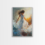 Ethereal Woman with Flowing Dress Framed Canvas Print, Dreamy Goddess Art Perfect as Above Sofa or Romantic Bedroom Wall Decor