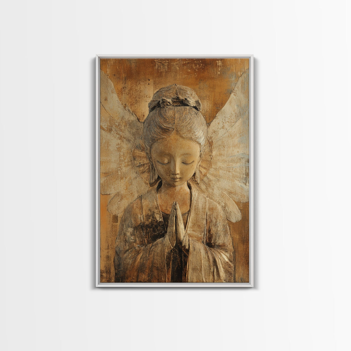 Serene Angel Sculpture Framed Canvas Print Angels Wall Art Rustic Wall Art Therapy Art Sacred Peaceful  Art Living Room Décor