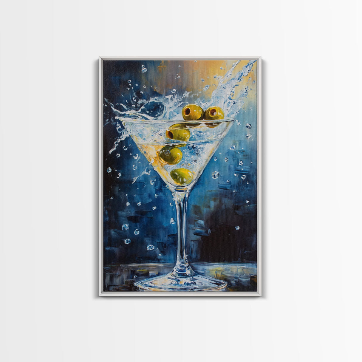 Elegant Olive Martini Framed Canvas Print with Vibrant Cocktail Art for Living Room or Kitchen, Rustic Home Decor