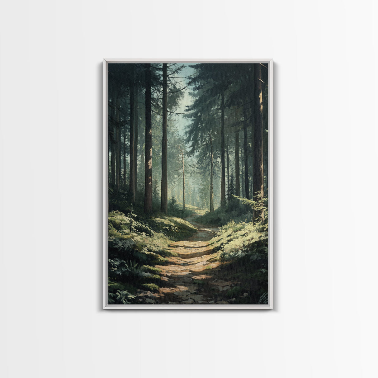 Forest Path Landscape Framed Canvas Print with Pine Tree Art, Rustic Decor and Serene Nature Above Sofa Artwork