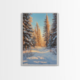 Winter Wonderland Framed Canvas Print, Snowy Forest Landscape Painting with Pine Tree Art, Cozy Rustic Wall Decor