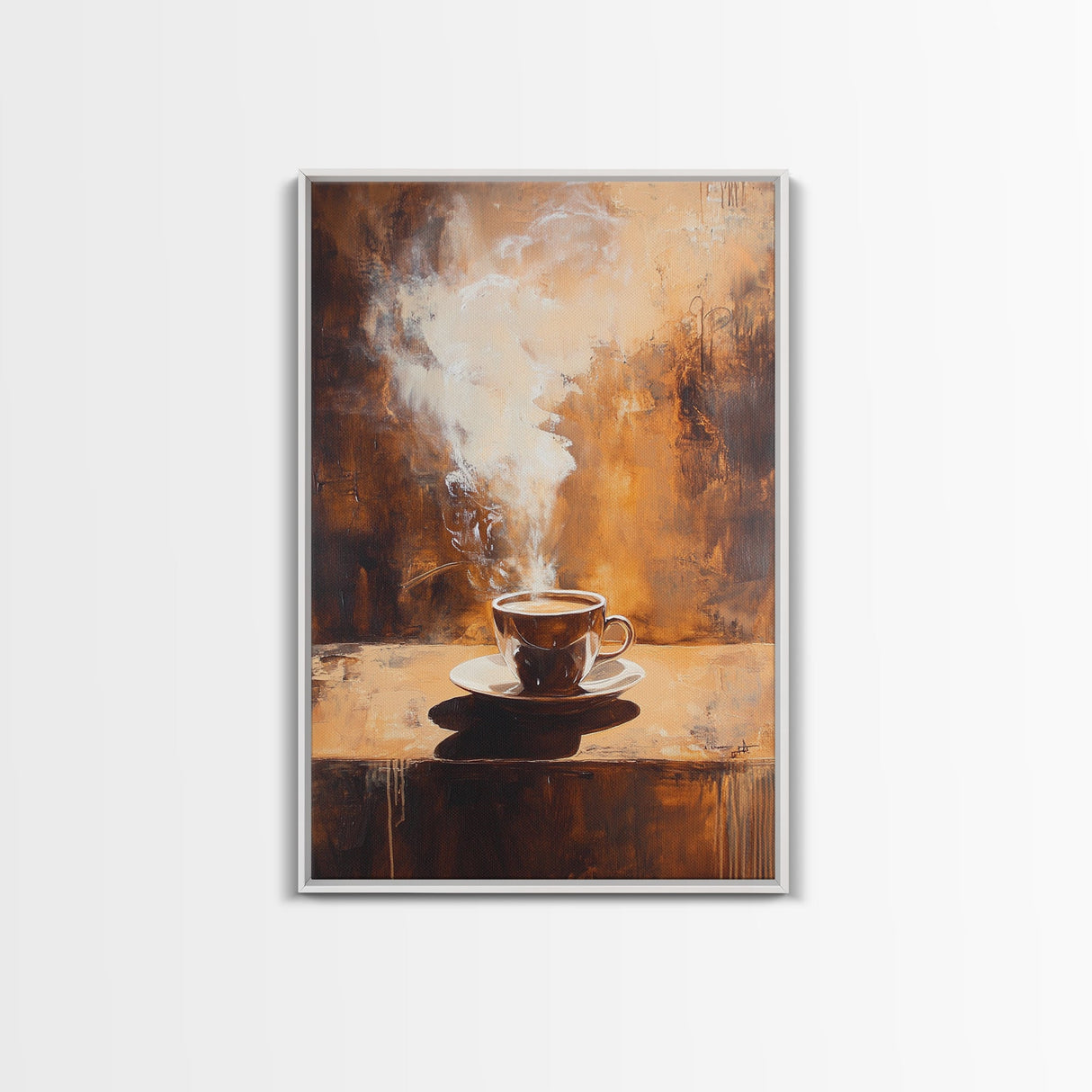 Rustic Steaming Coffee Framed Canvas Print | Warm Coffee Wall Art | Cozy Kitchen Art | Espresso Painting | Coffee Lover Gift Idea