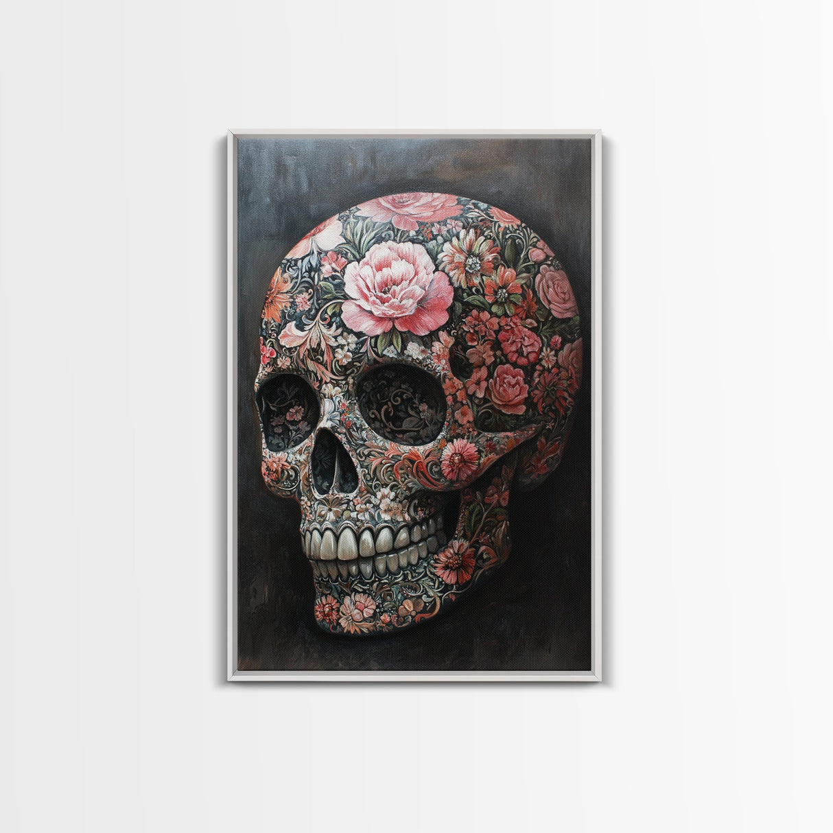 Skull Art Framed Canvas Print with Intricate Floral Patterns in Gothic Boho Style, Chinoiserie-Inspired Rustic Bedroom or Living Room Art
