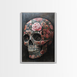 Skull Art Framed Canvas Print with Intricate Floral Patterns in Gothic Boho Style, Chinoiserie-Inspired Rustic Bedroom or Living Room Art