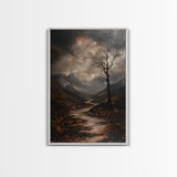 Mountain Painting Framed Canvas Print with Mystical Sunrise Over Autumn Forest Path, Rustic Landscape Art with Moody Coastal Vibes