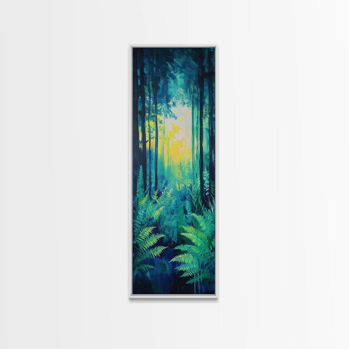 Forest Glow, pine tree art, moody art, landscape painting, above sofa art, gift idea for her, Framed Canvas Print