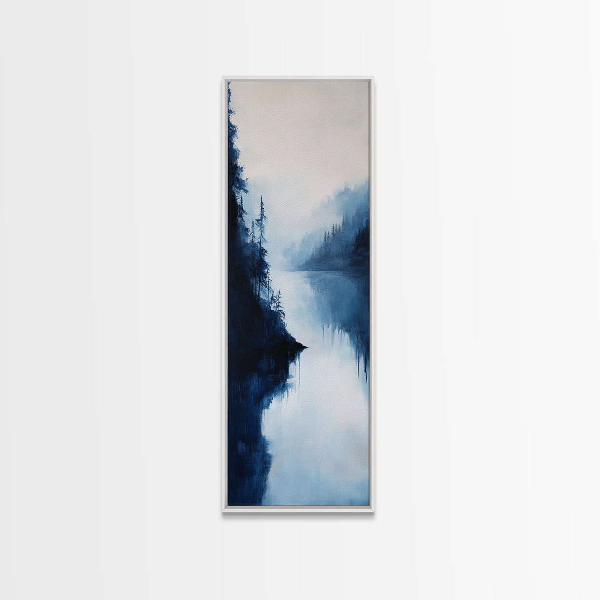Misty Lake, pine tree art, moody art, mountain painting, wabi sabi art, blue and green wall art, Framed Canvas Print, rustic wall art