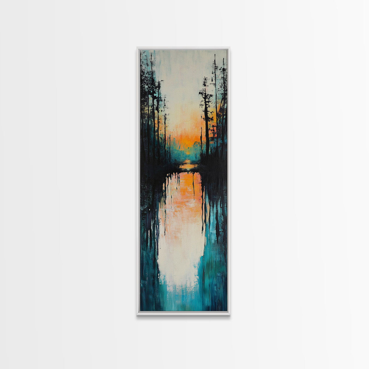 Sunset Reflection, coastal painting, pink orange wall art, lake Tahoe art farmhouse art, Framed Canvas Print, panoramic art