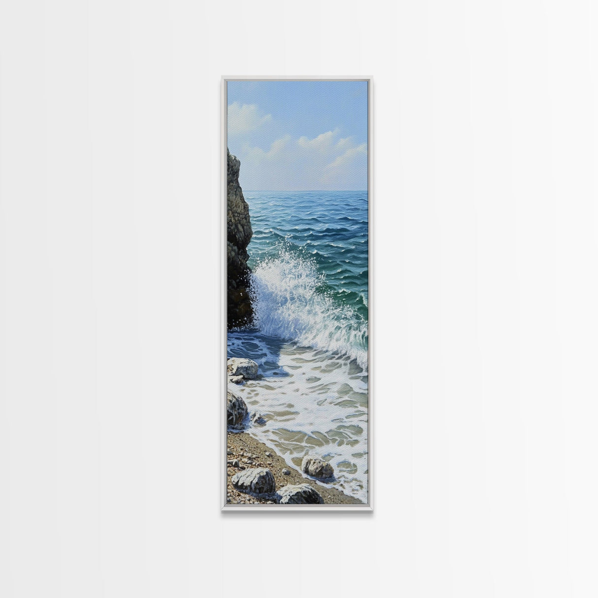Ocean Waves, rocky beach seascape, coastal painting, nautical decor, landscape painting, extra wide art, Canvas Print
