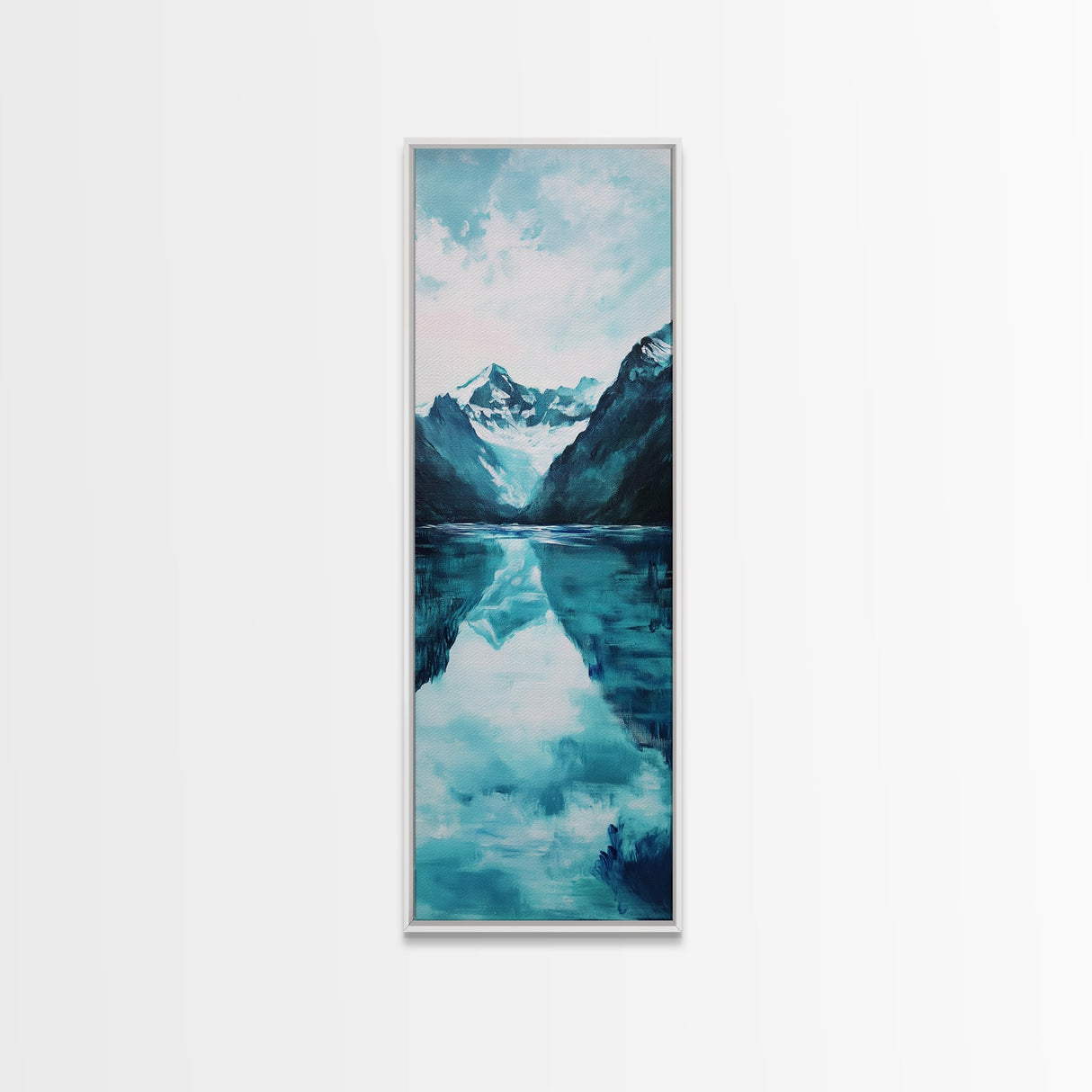 Glacier Lake, mountain painting, blue and green wall art, smoky mountain art, minimalist art, vertical wall art, Canvas Print