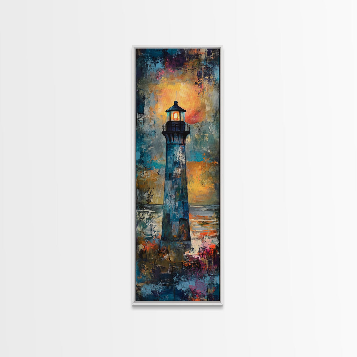 Lighthouse Glow, Moody Seascape, Nautical Painting, Coastal Decor, Sunset Wall Art, Framed Canvas Print, Bedroom Art