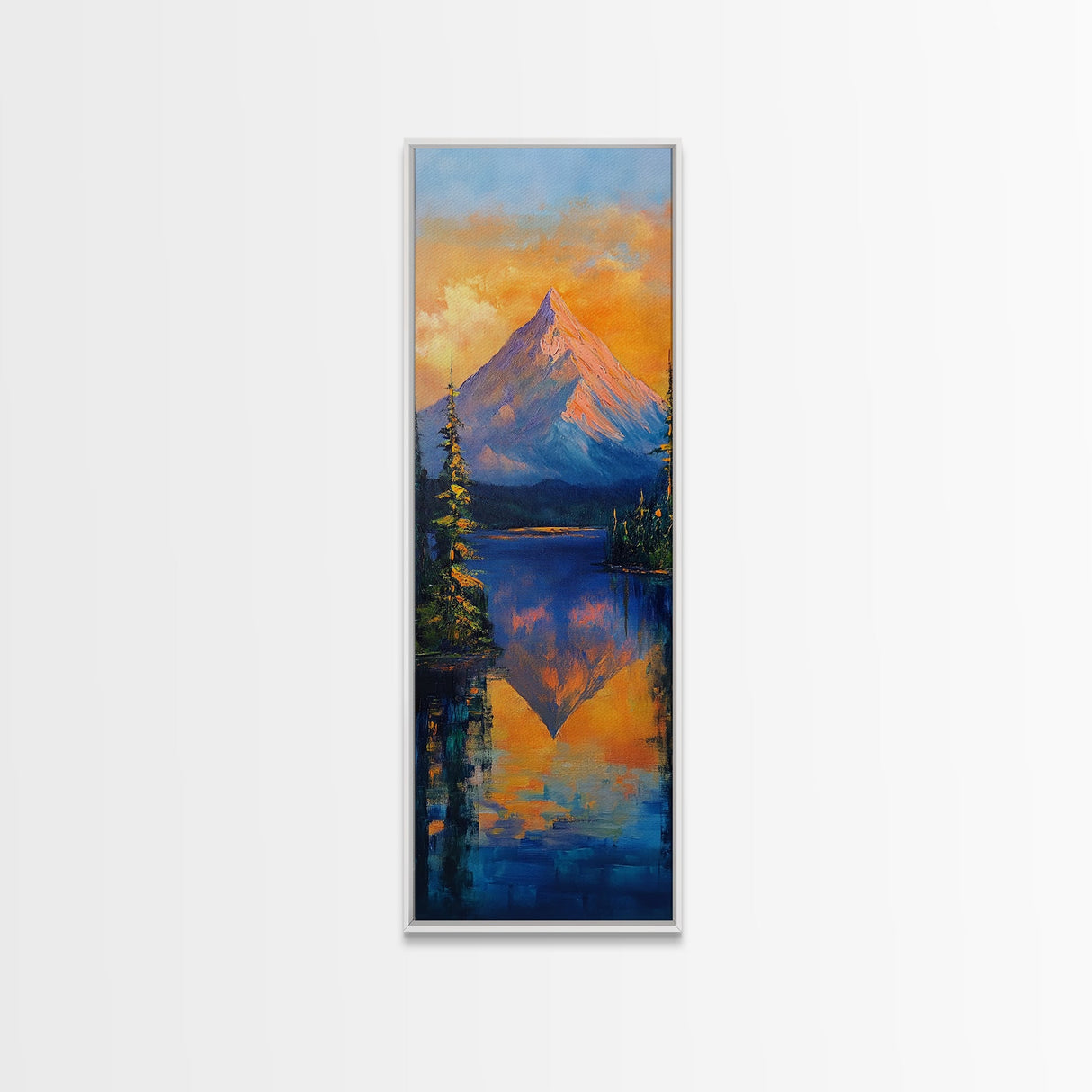 Landscape Painting, Framed Canvas Print, blue and green wall art, panoramic painting, extra wide art, mountain painting