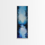 Misty Lake, Dark Forest, Moody Art, Landscape Painting, Minimalist Art, Blue and Green Wall Art, Framed Canvas Print, Vertical Wall Art