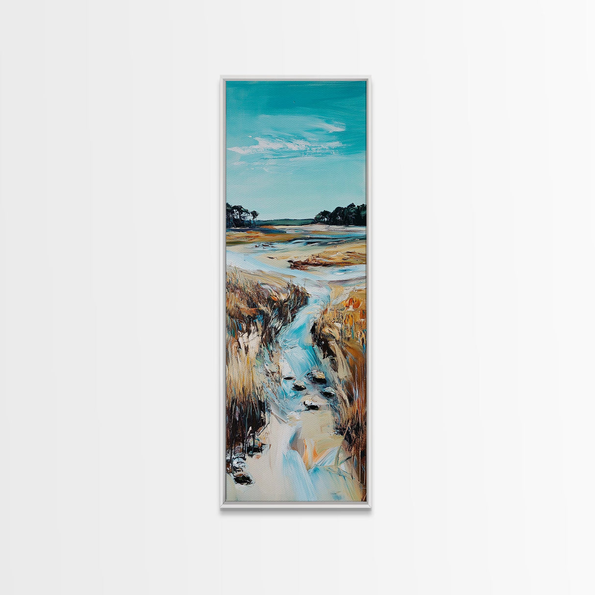 Marshland Stream, coastal landscape art, rustic wall art, farmhouse art, wabi sabi art, extra wide art, Canvas Print