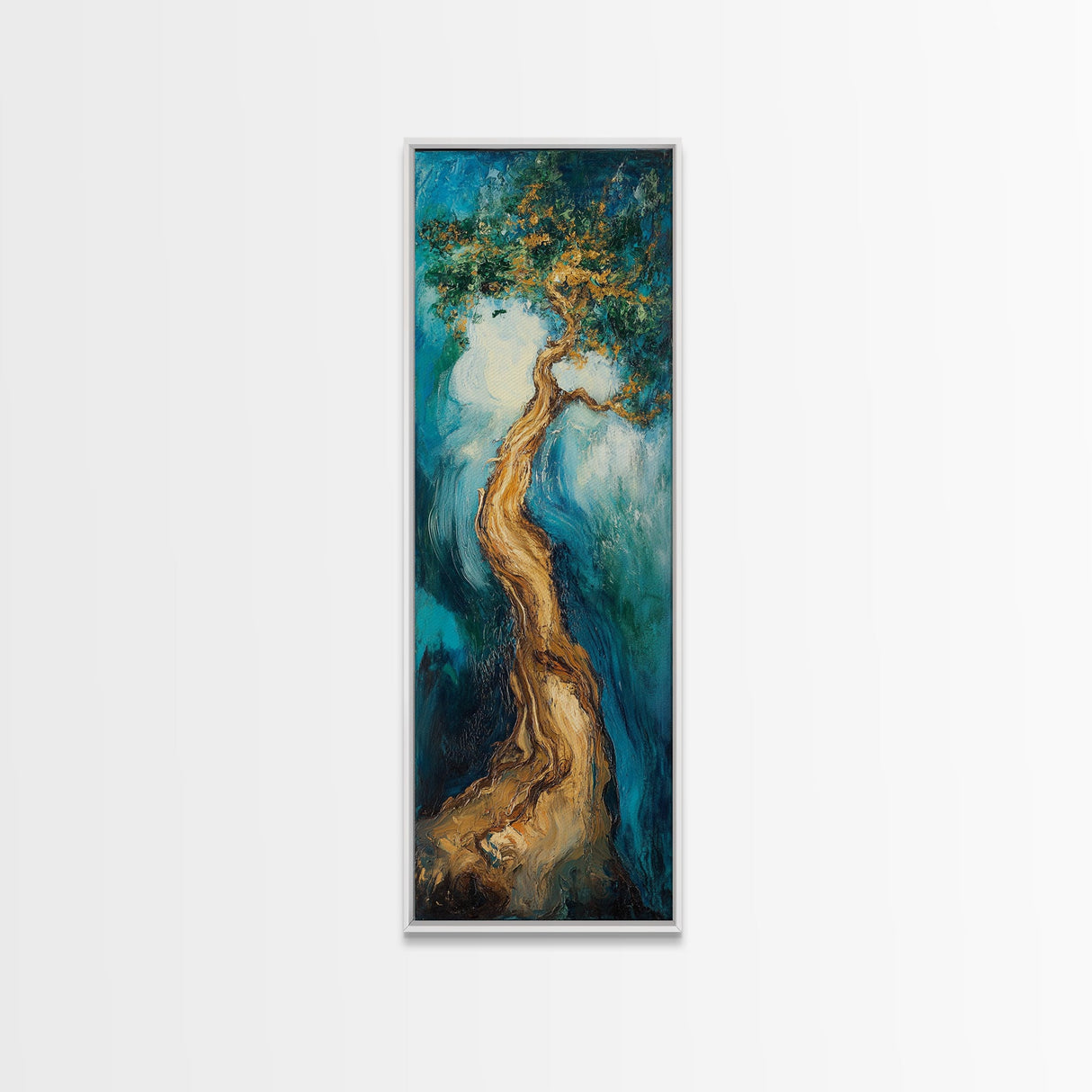 Twisting Tree, oak tree art, nature painting, forest at dusk painting, textured wall art, Framed Canvas Print, vertical wall art