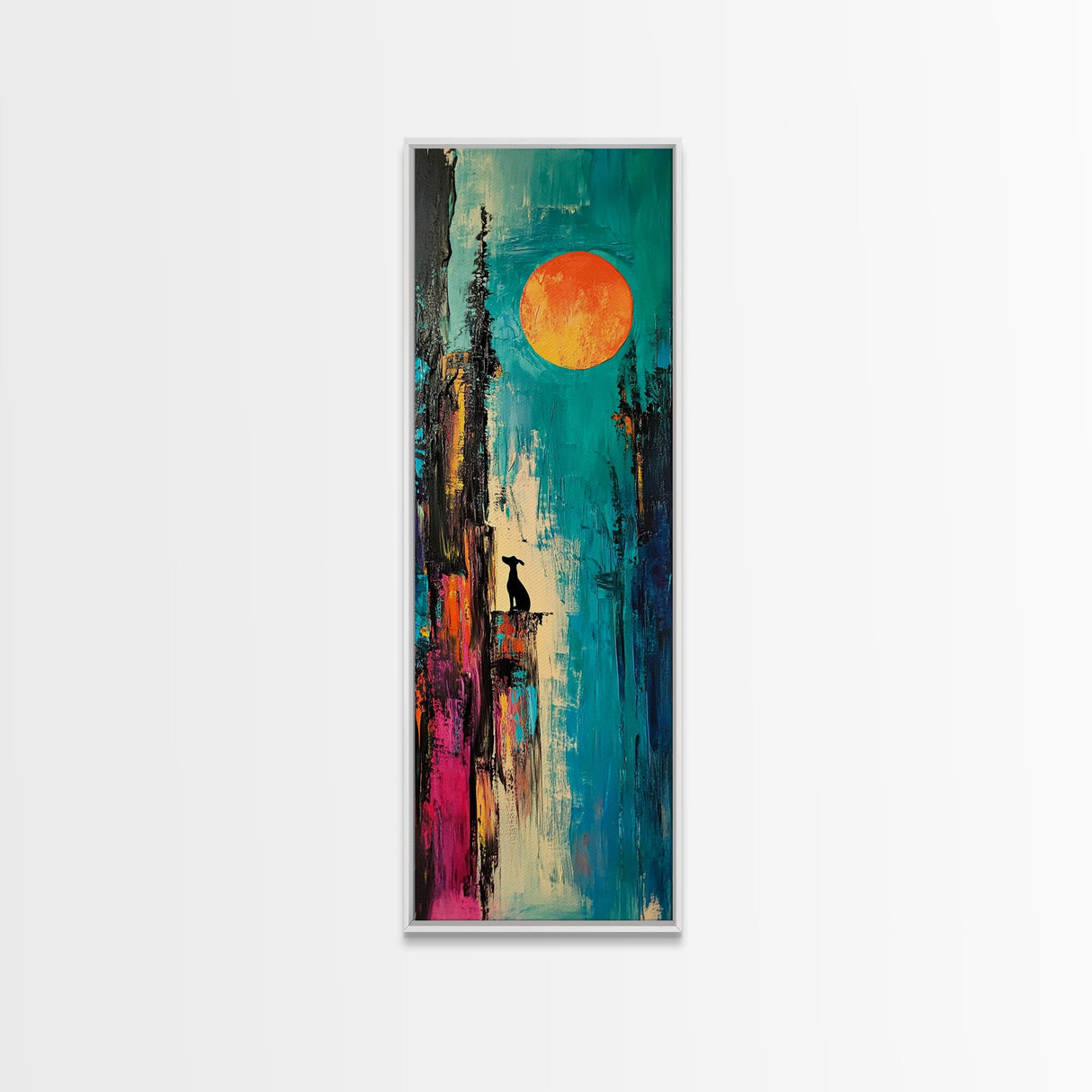 Lone Howl, southwest wall art, desert painting, moon oil painting, silhouette painting, rustic art, teal wall art, Canvas Print