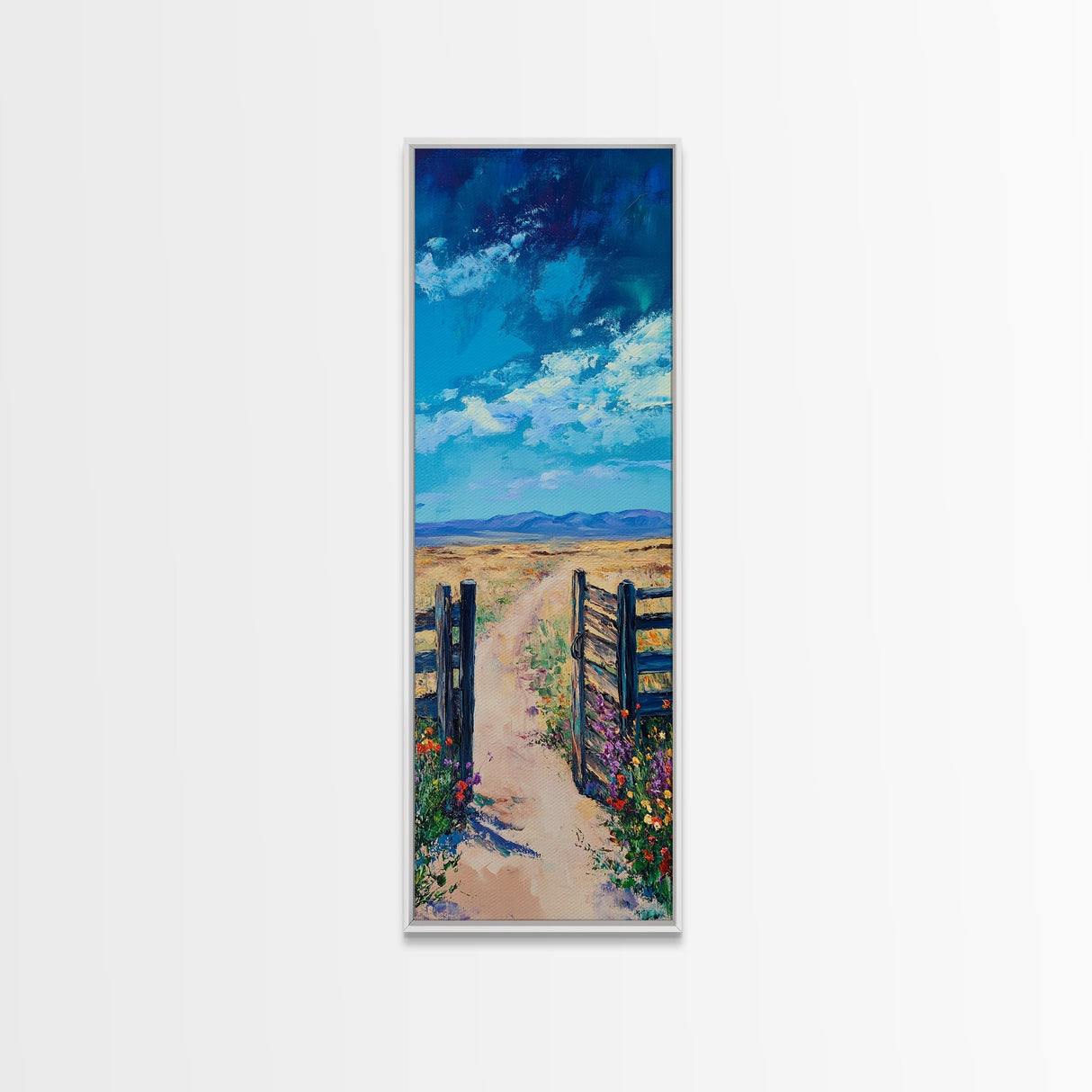 Open Gate, Rustic Art, Vintage Landscape, Country Path Painting, Moody Art, Extra Wide Art, Horizontal Wall Art, Canvas Print