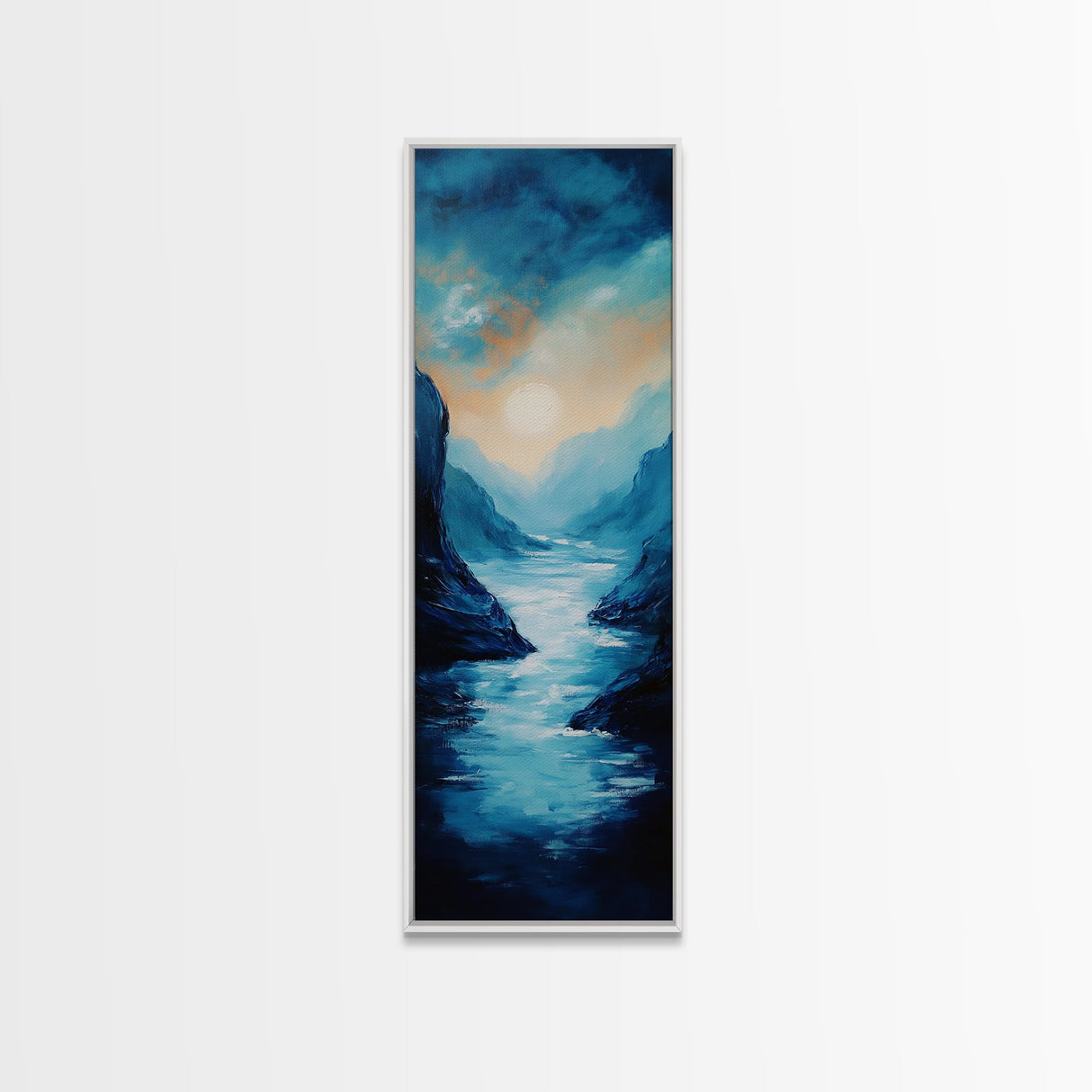 Moonlit Valley, moody art, blue and green wall art, framed canvas print, above couch art, original painting, landscape painting