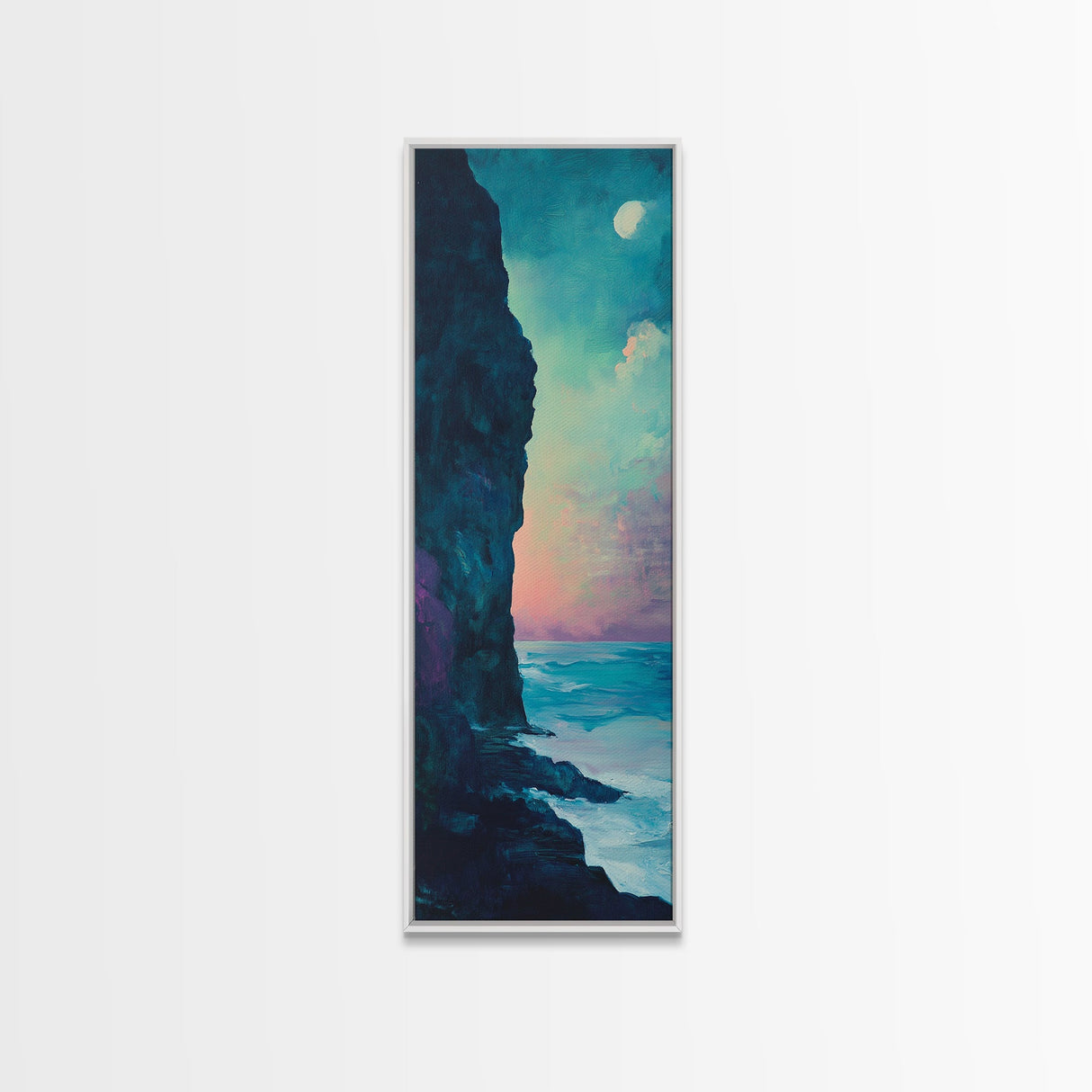 Cliffside Moon Painting, Moody Art, Coastal Wall Art, Landscape Painting, Ocean Art, Framed Canvas Print, Nautical Decor