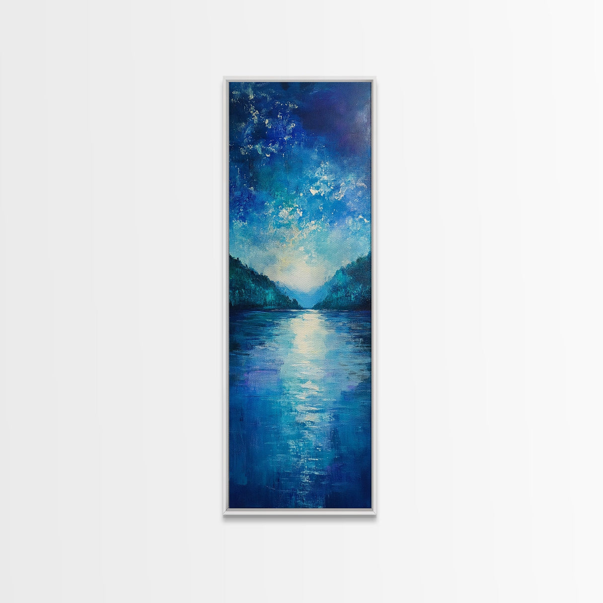Lake Reflection Art, Moody Landscape, Blue and Green Wall Art, Minimalist Art, Above Sofa Art, Framed Canvas Print