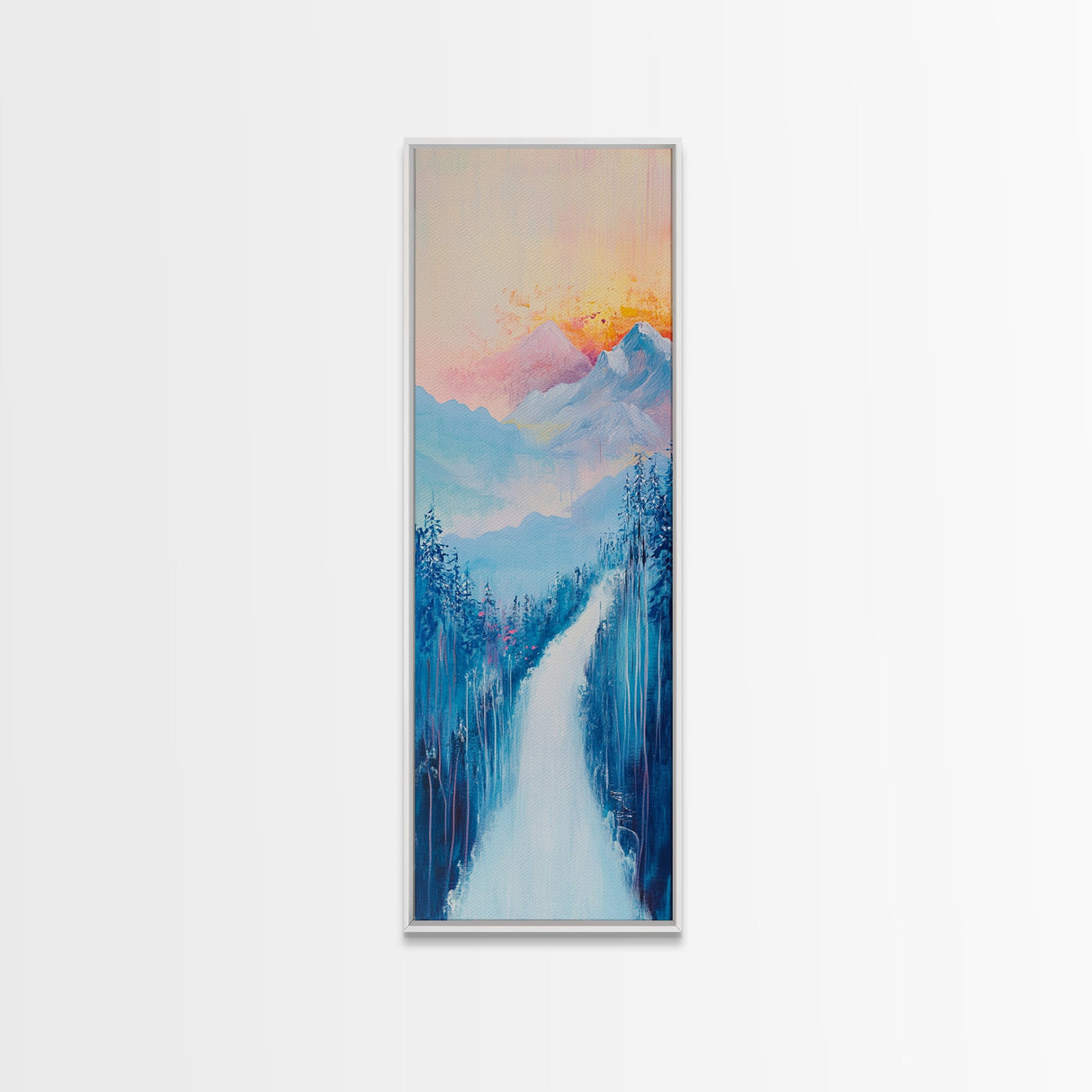 Sunset Over Mountains, pink orange wall art, mountain painting,  framed canvas print, extra wide art