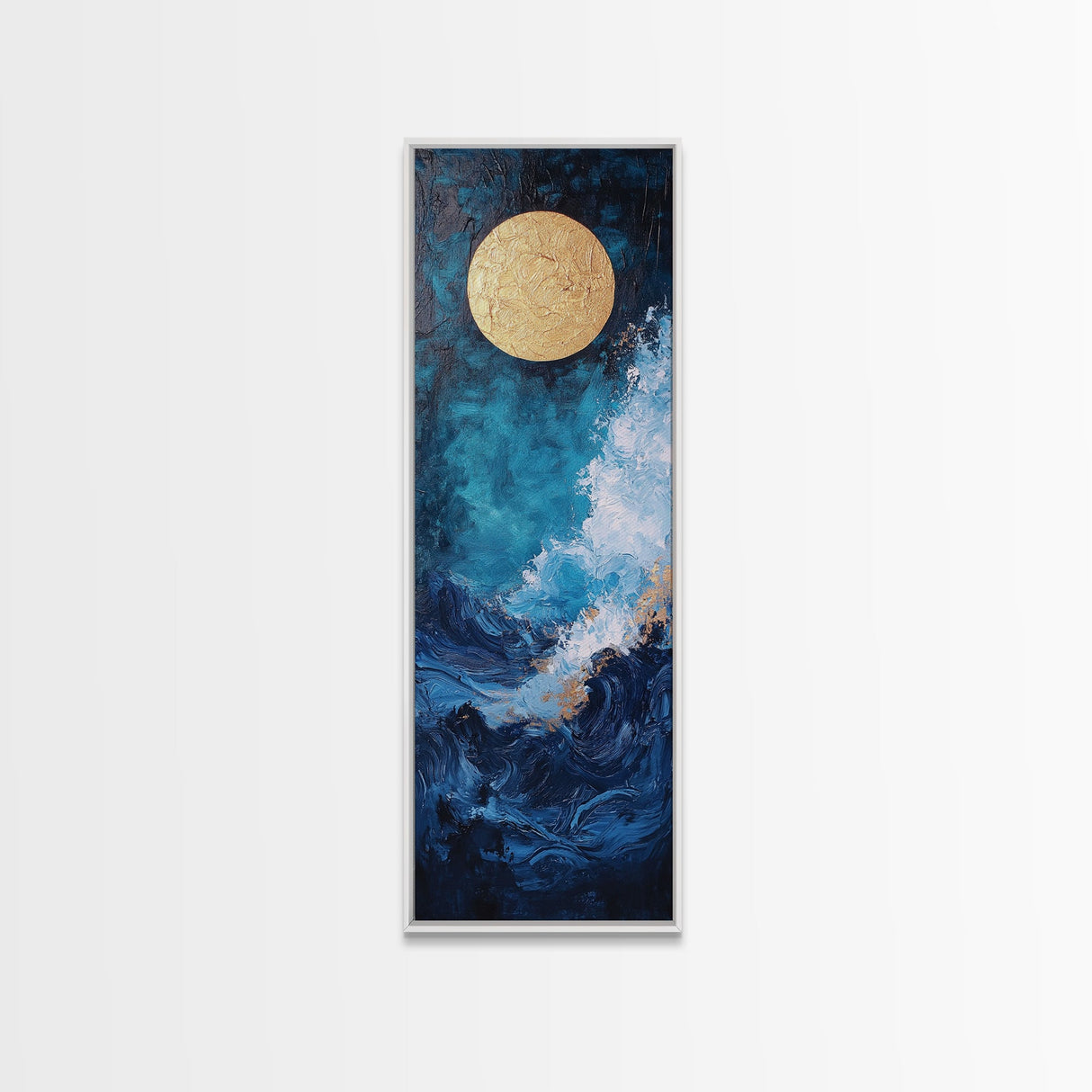 Golden Moon, crashing waves, nautical painting, moody art, coastal wall art, wabi sabi art, framed canvas print, ocean painting