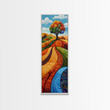Colorful Fields, folk art, Russian folk art, pink orange wall art, bright and bold, framed canvas print, extra wide art