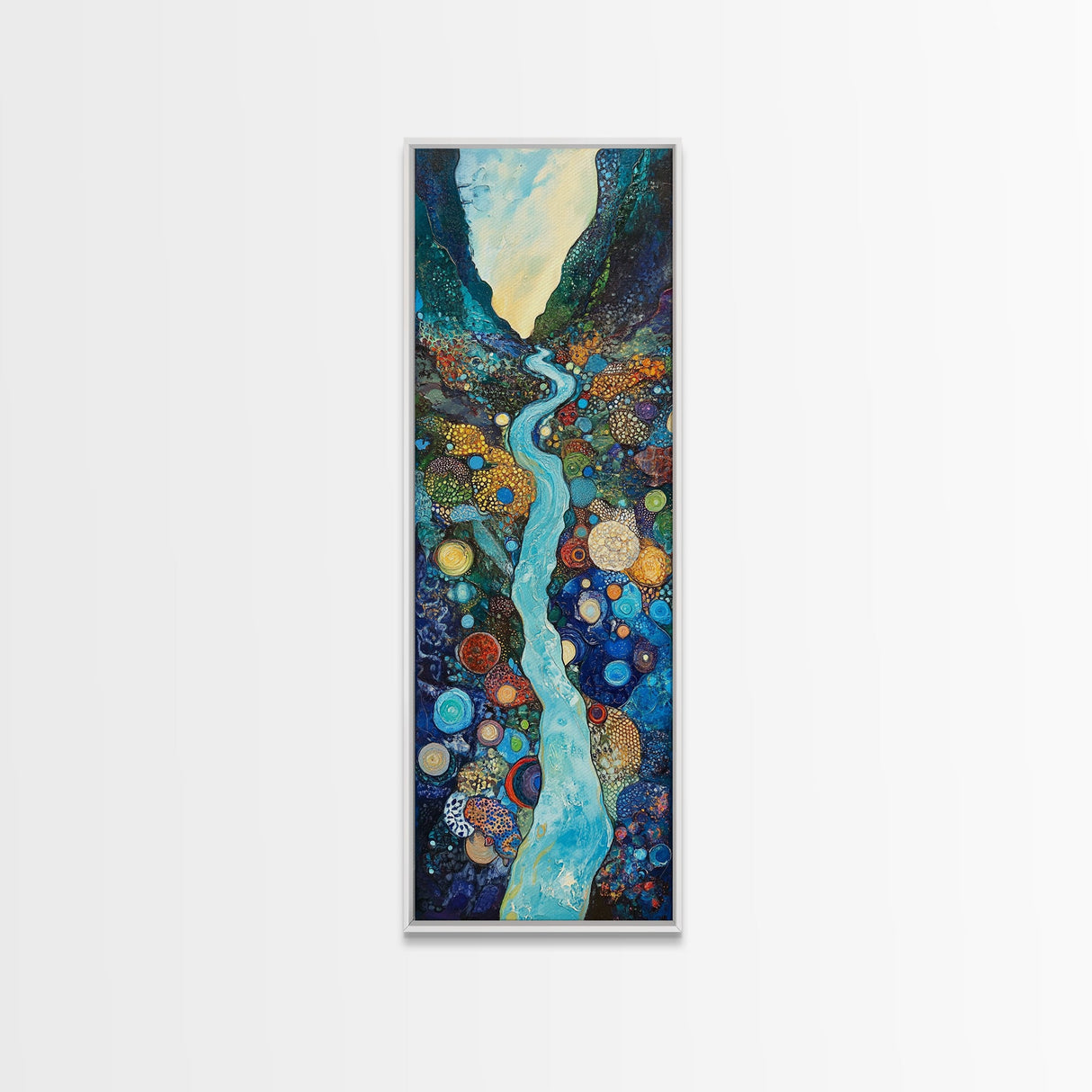 Abstract River, mosaic wall art, blue and green wall art, geometric wall art, whimsical art, framed canvas print, tall narrow art