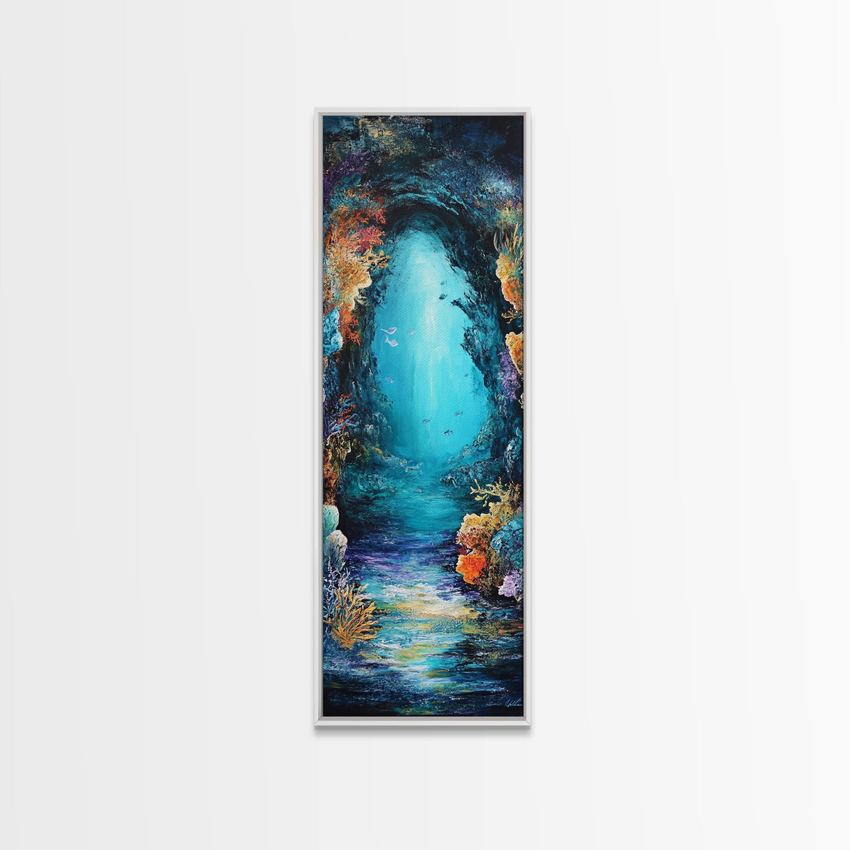 Underwater Cave, ocean painting, nautical wall art, coastal painting, seascape painting, framed canvas print, vertical wall art