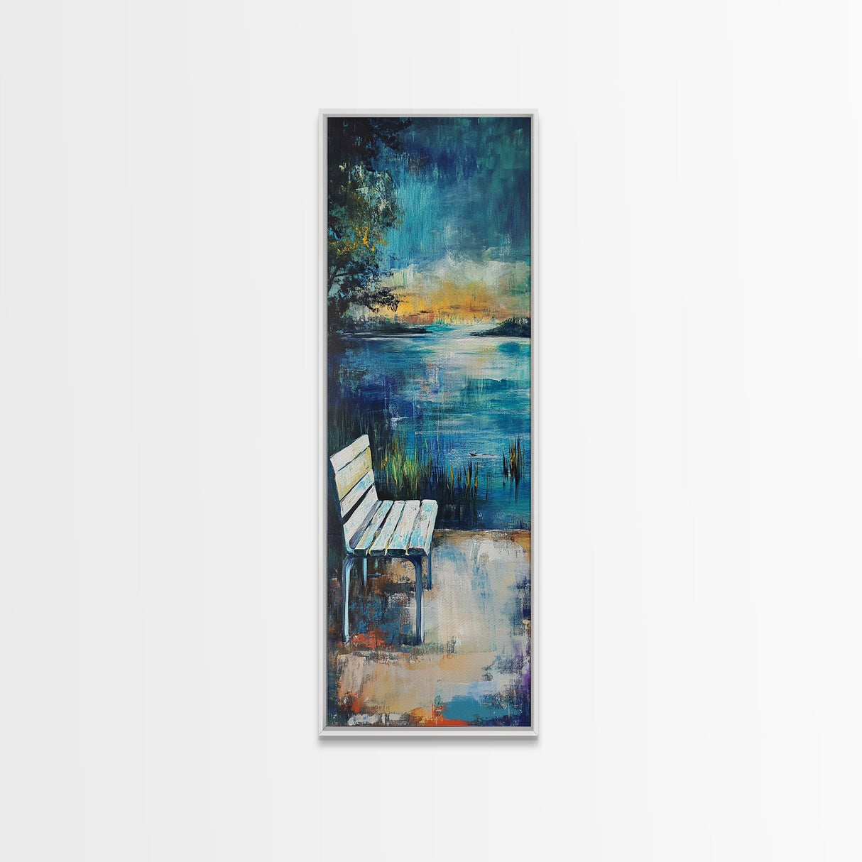 Lakeside Bench, moody art, landscape painting, coastal wall art, rustic decor, farmhouse art, framed canvas print, vertical wall art